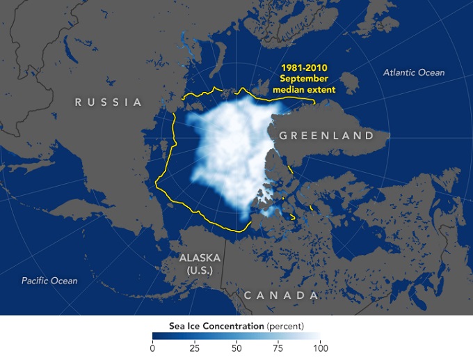 Карта концентрации плавучих льдов Северного Ледовитого океана в сентябре 2019 года