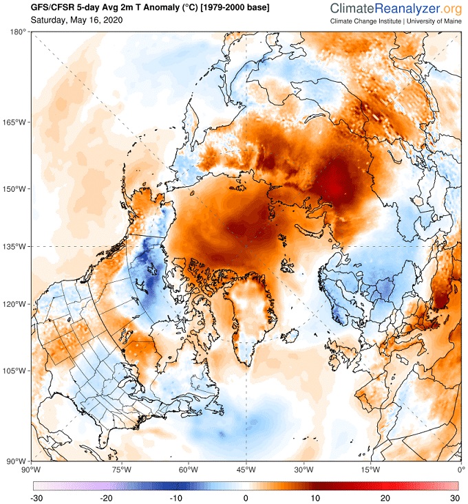 Перемещения теплых воздушных масс над Арктикой 17 мая 2020 года