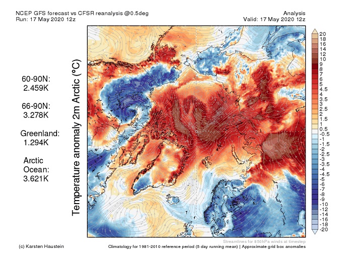 Перемещения теплых воздушных масс над Арктикой 17 мая 2020 года