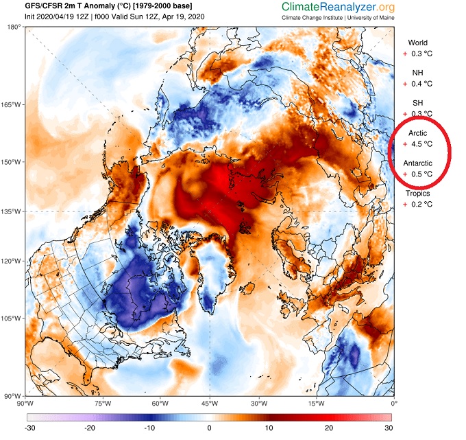 Диаграмма температурных аномалий в Арктике по состоянию на 19 апреля 2020 года