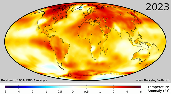Глобальное потепление в 2023 году относительно среднегодовых температур за период 1951-1980 годов