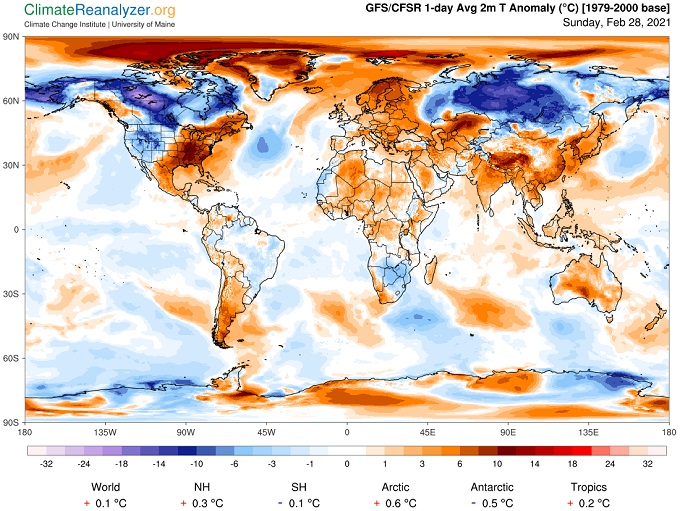 Карта температурных аномалий Земли на 28 февраля 2021 года