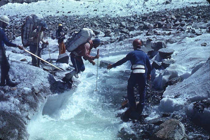 River on the surface of glacier No. 5 in the Pamir mountains