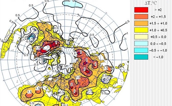 Изменение среднегодовых температур северного полушария (1994-2009) по сравнению с (1911-1930)