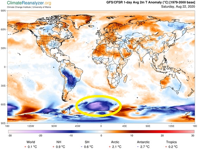 Карта температурных аномалий Земли на 22 августа 2020 года