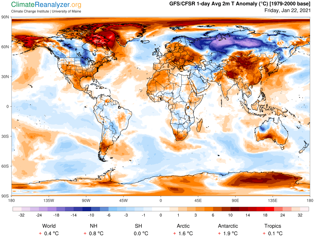 Карта температурных аномалий Земли на 22 января 2021 года