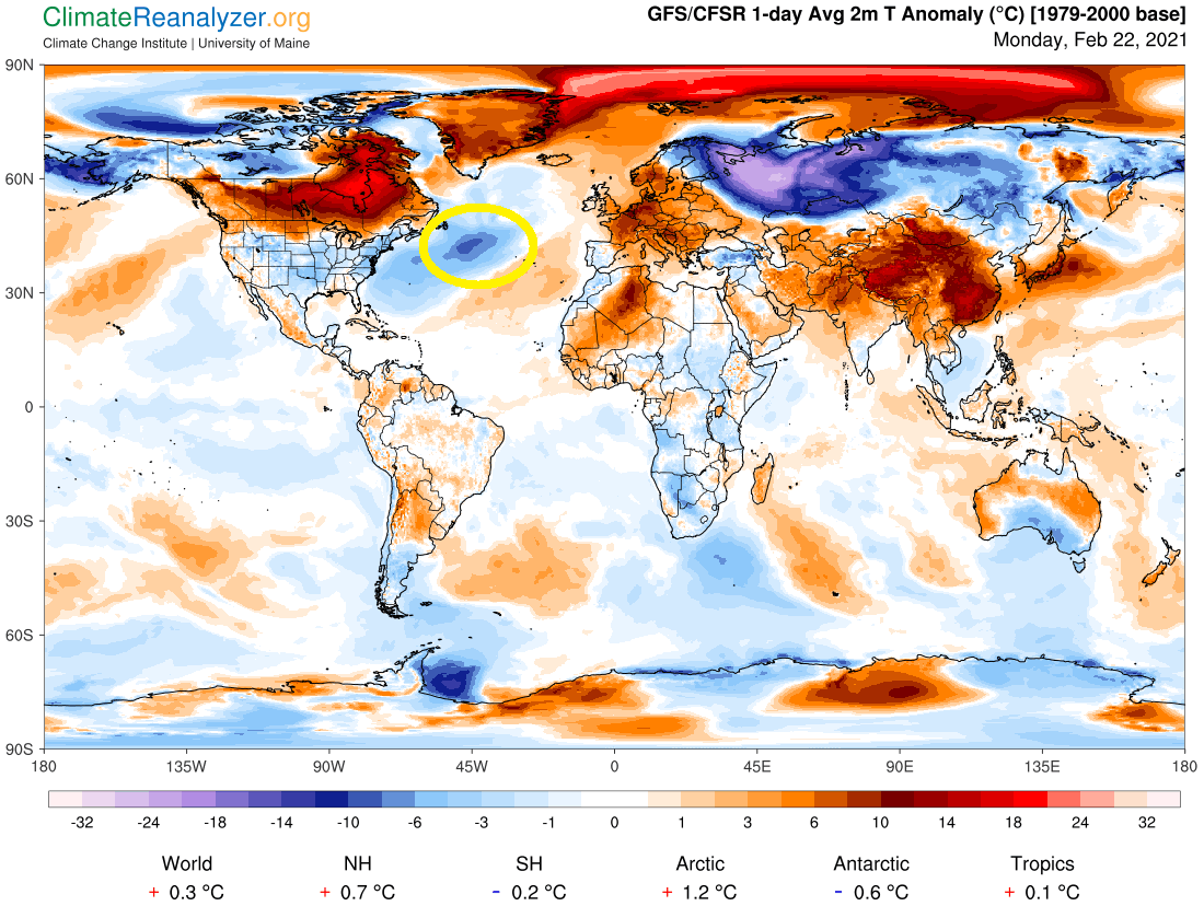 Карта температурных аномалий Земли на 22 февраля 2021 года