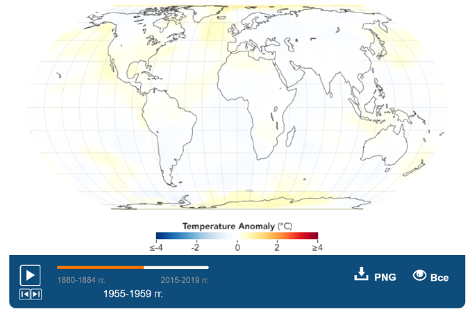 Глобальные температуры (потепление), усреднённые за 1955-1959 годы