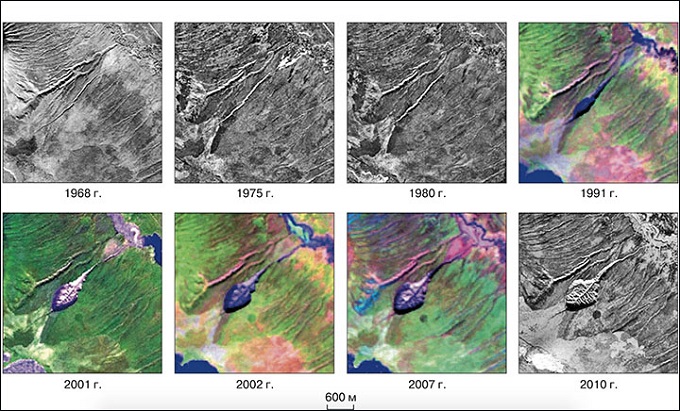 На этой серии фотографий изображен термокарстовый кратер Батагайка в период с 1968 по 2010 годы