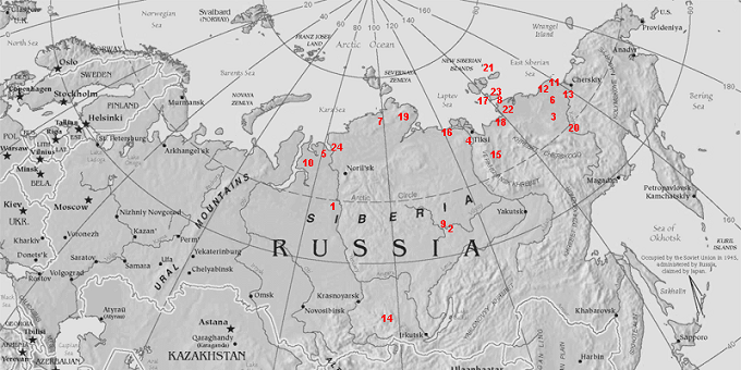 Places of concentration of the remains of mammoths in Siberia